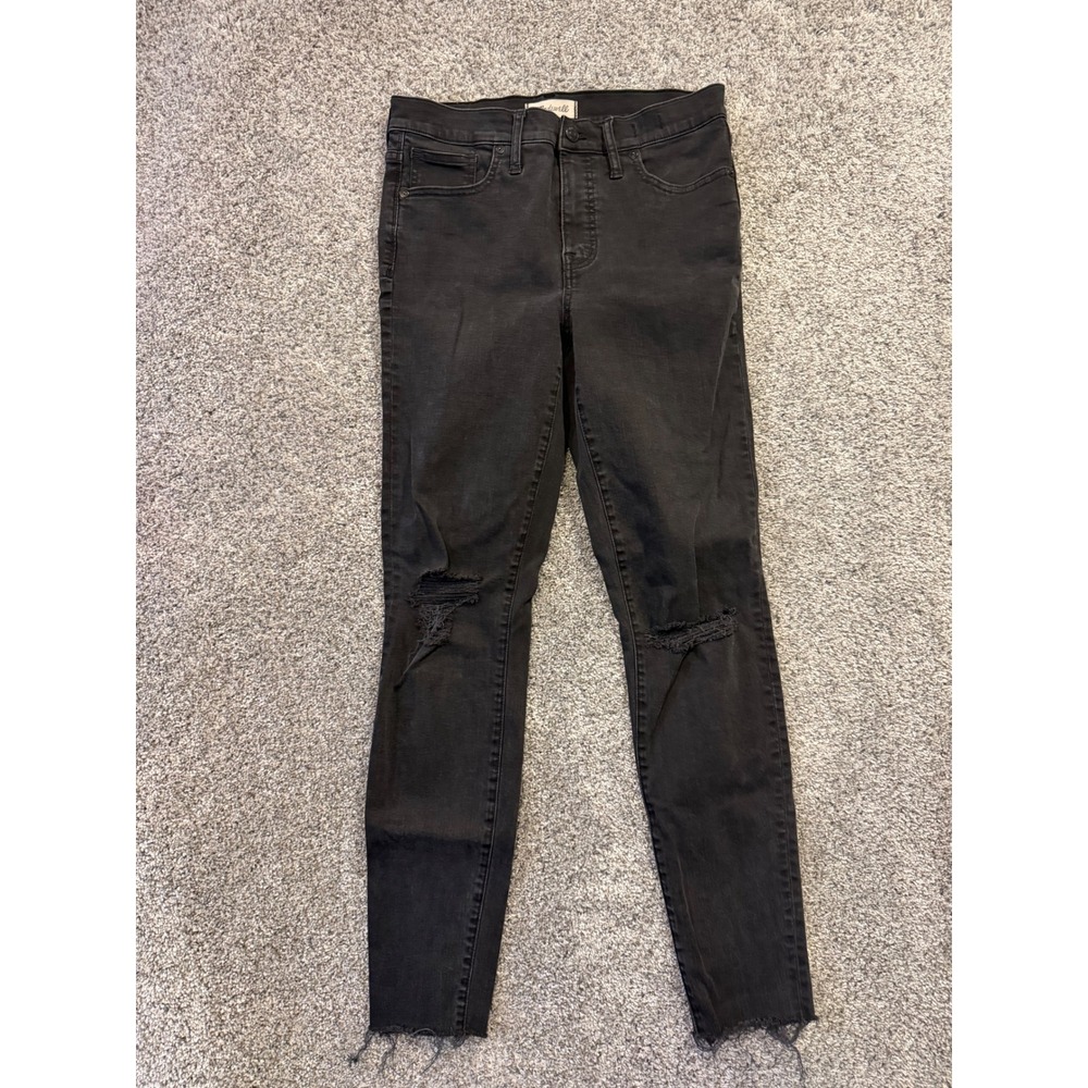 Madewell Jeans Womens 29T Black 9" High-Rise Skinny Ripped Knee Raw Hem Denim